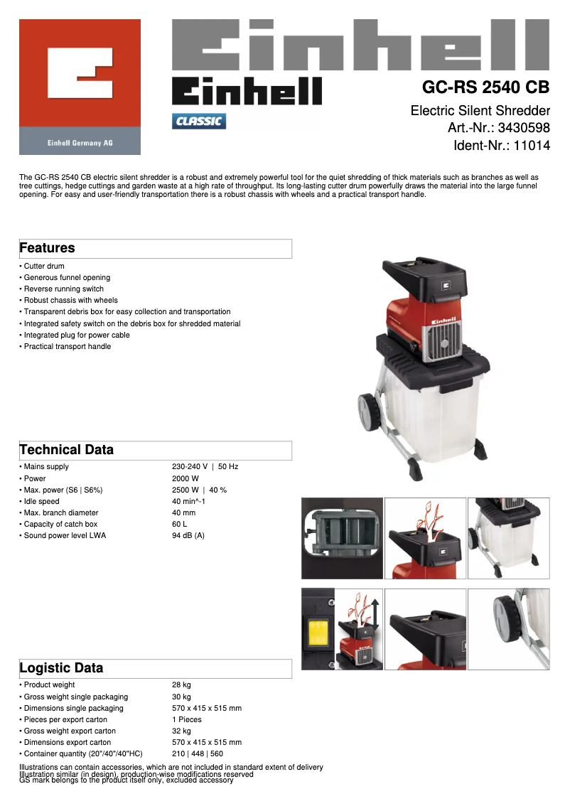 Page 1 de la notice Fiche technique Einhell GC-RS 2540 CB