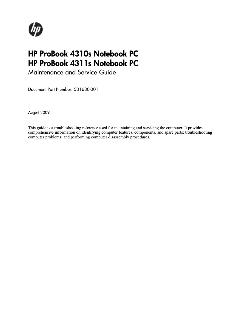Page n°1 - Manuel utilisateur HP ProBook 4310s