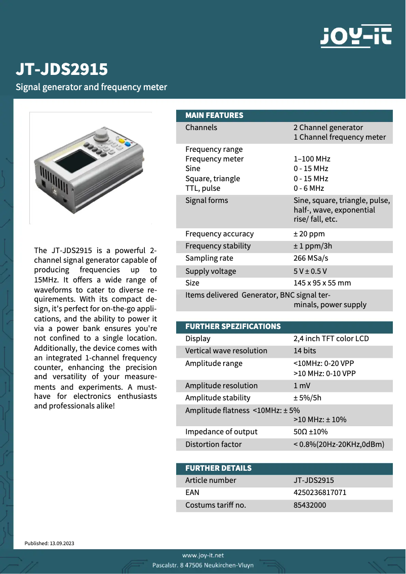Page n°1 - Fiche technique Joy-It JT-JDS2915