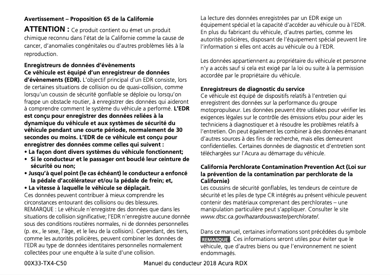 Page 1 de la notice Manuel utilisateur Acura RDX (2018)