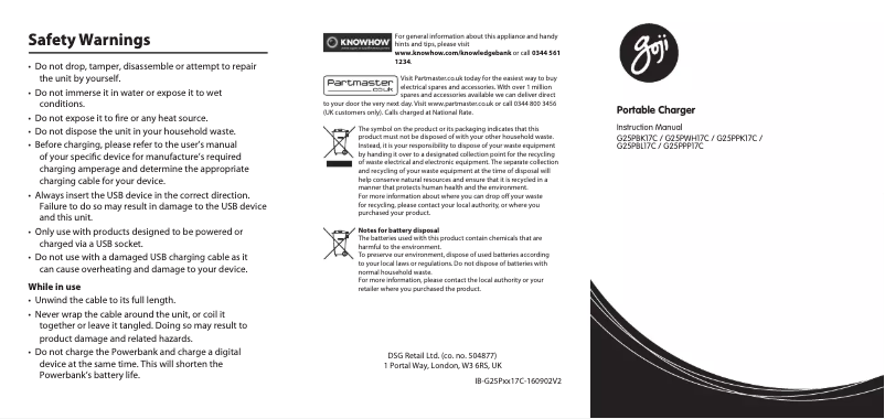 Page 1 de la notice Manuel utilisateur Goji G25PBK17C