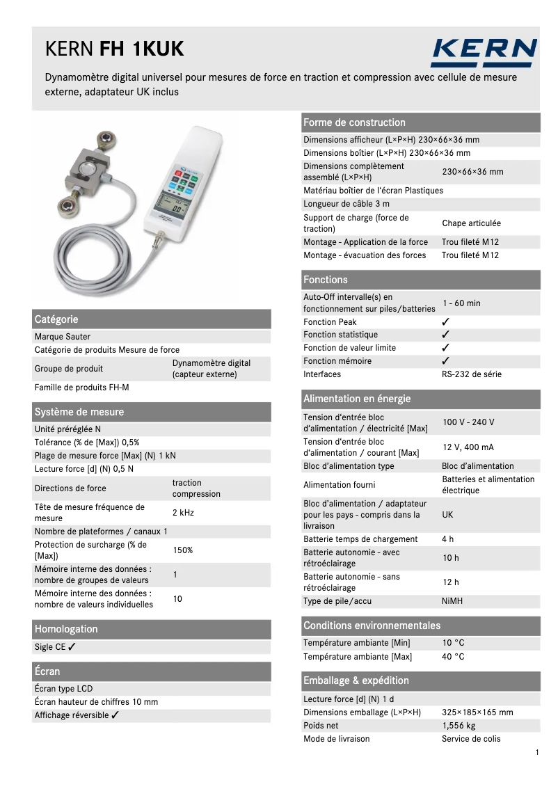Page 1 de la notice Fiche technique Kern FH 1KUK