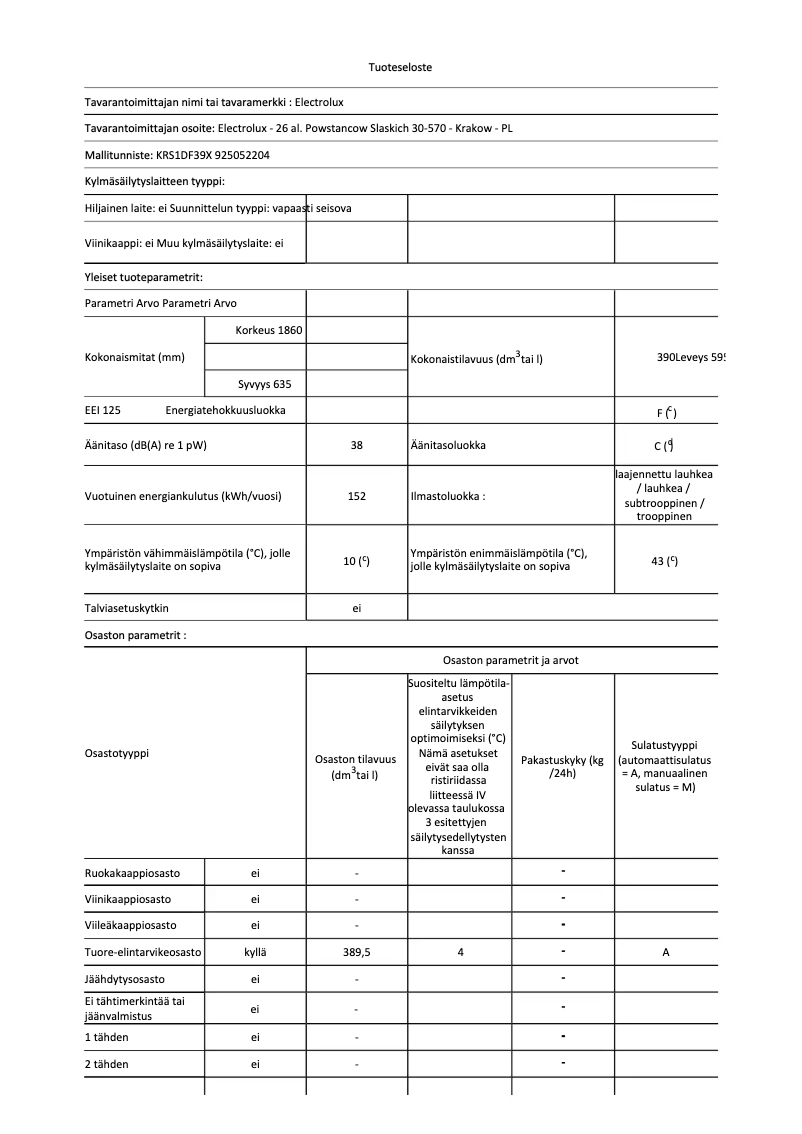Page n°1 - Fiche technique Electrolux KRS1DF39X