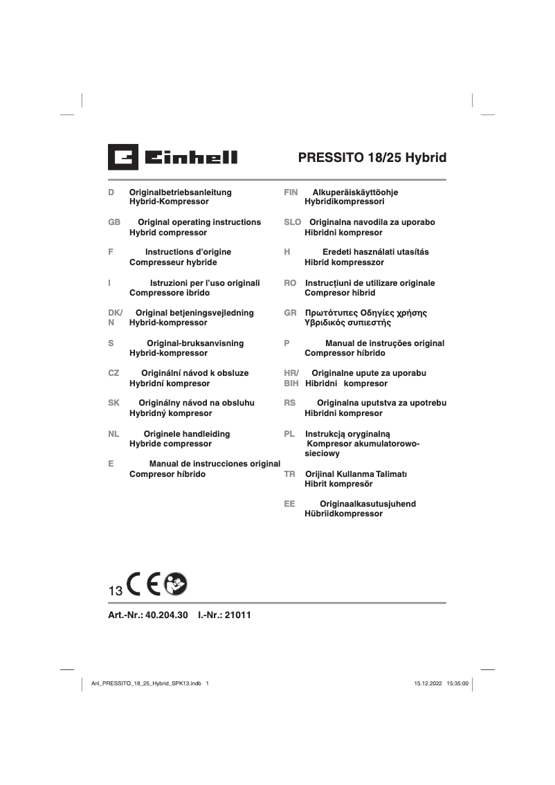Page 1 de la notice Mode d'emploi Einhell PRESSITO 18/25 Hybrid