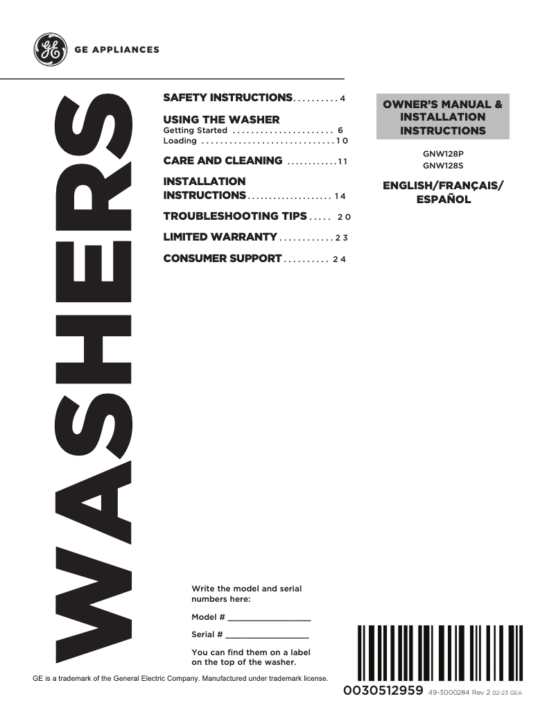Page 1 de la notice Manuel d'utilisation et d'entretien GE GNW128PSMWW