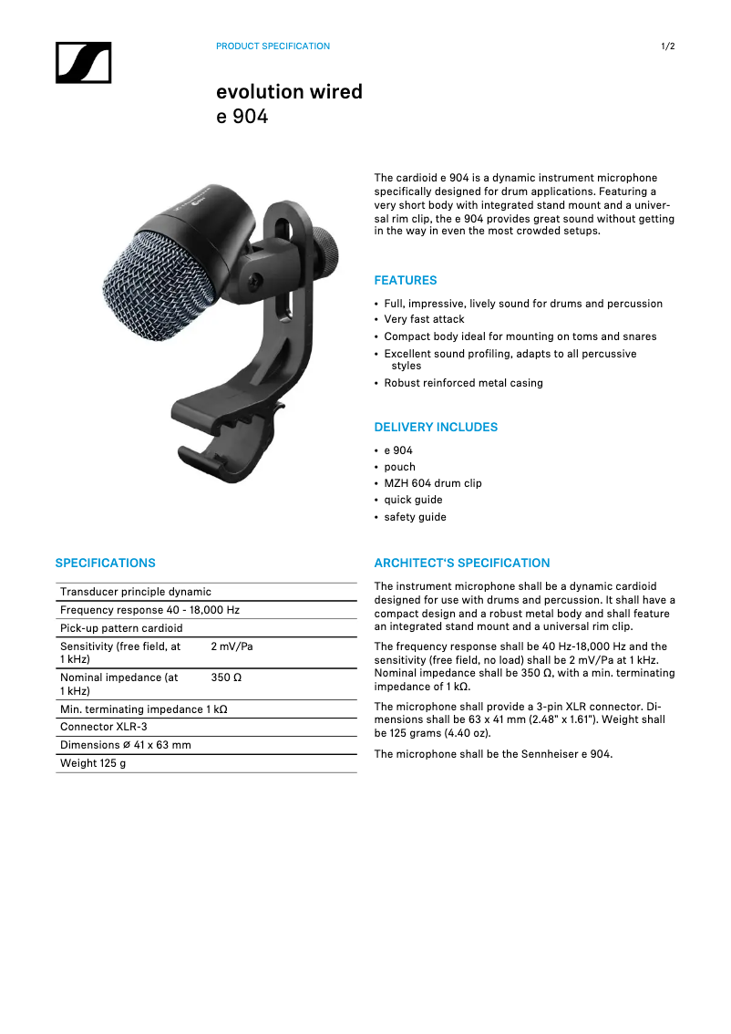 Page n°1 - Fiche technique Sennheiser e 904