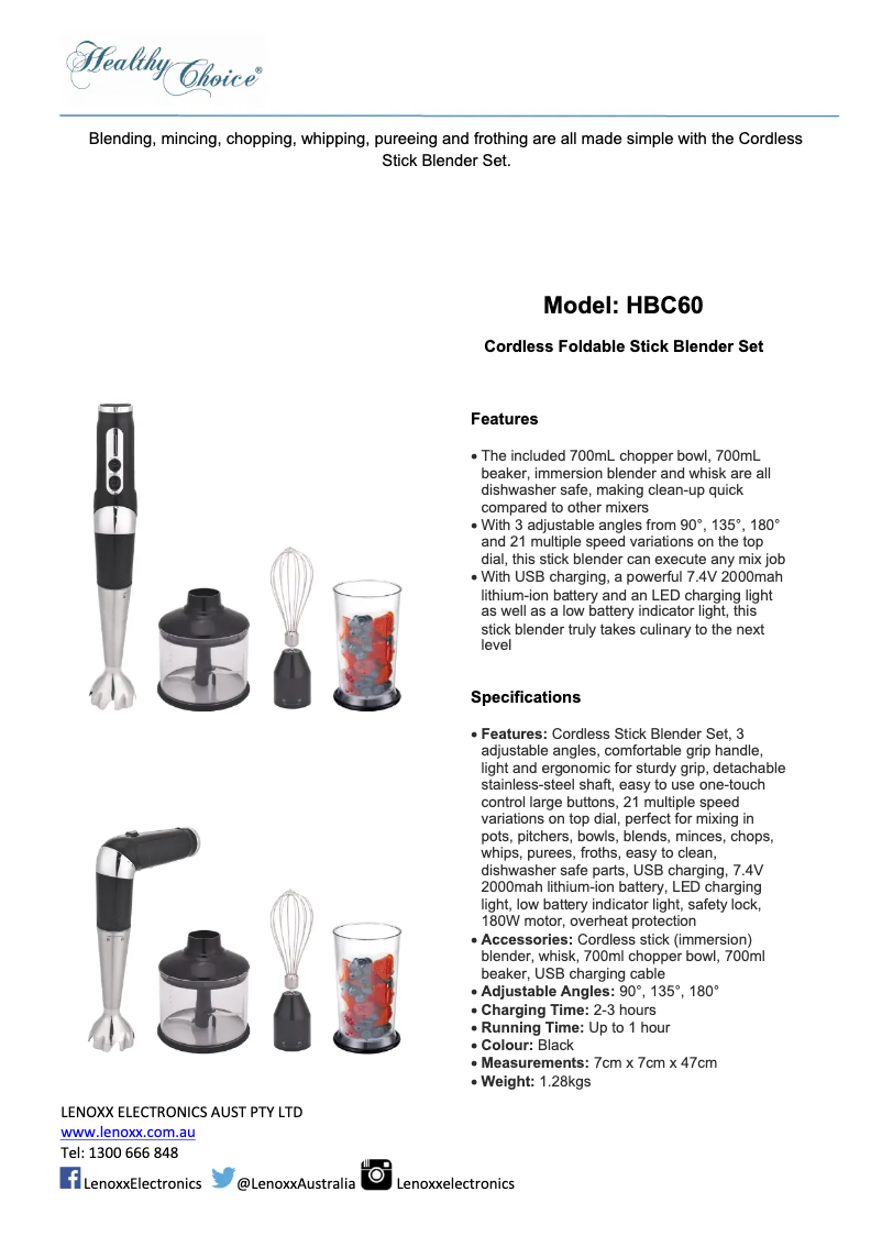 Page 1 de la notice Fiche technique Healthy Choice HBC60