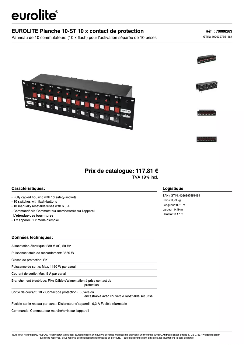 Page 1 de la notice Fiche technique Eurolite Board 10-ST