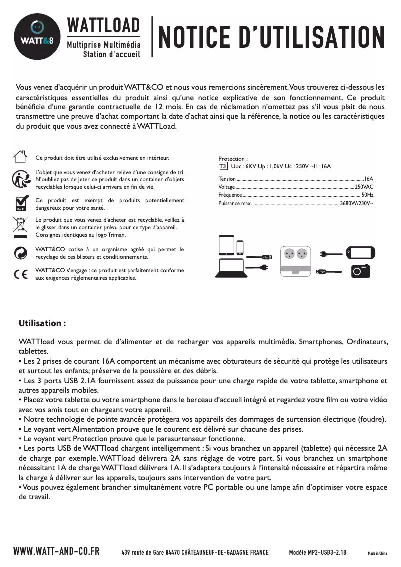 Page 1 de la notice Manuel utilisateur WATT&CO MP2-USB3-2.1B