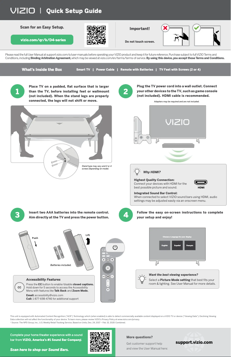 Page 1 de la notice Guide de démarrage rapide VIZIO D32fM-K01