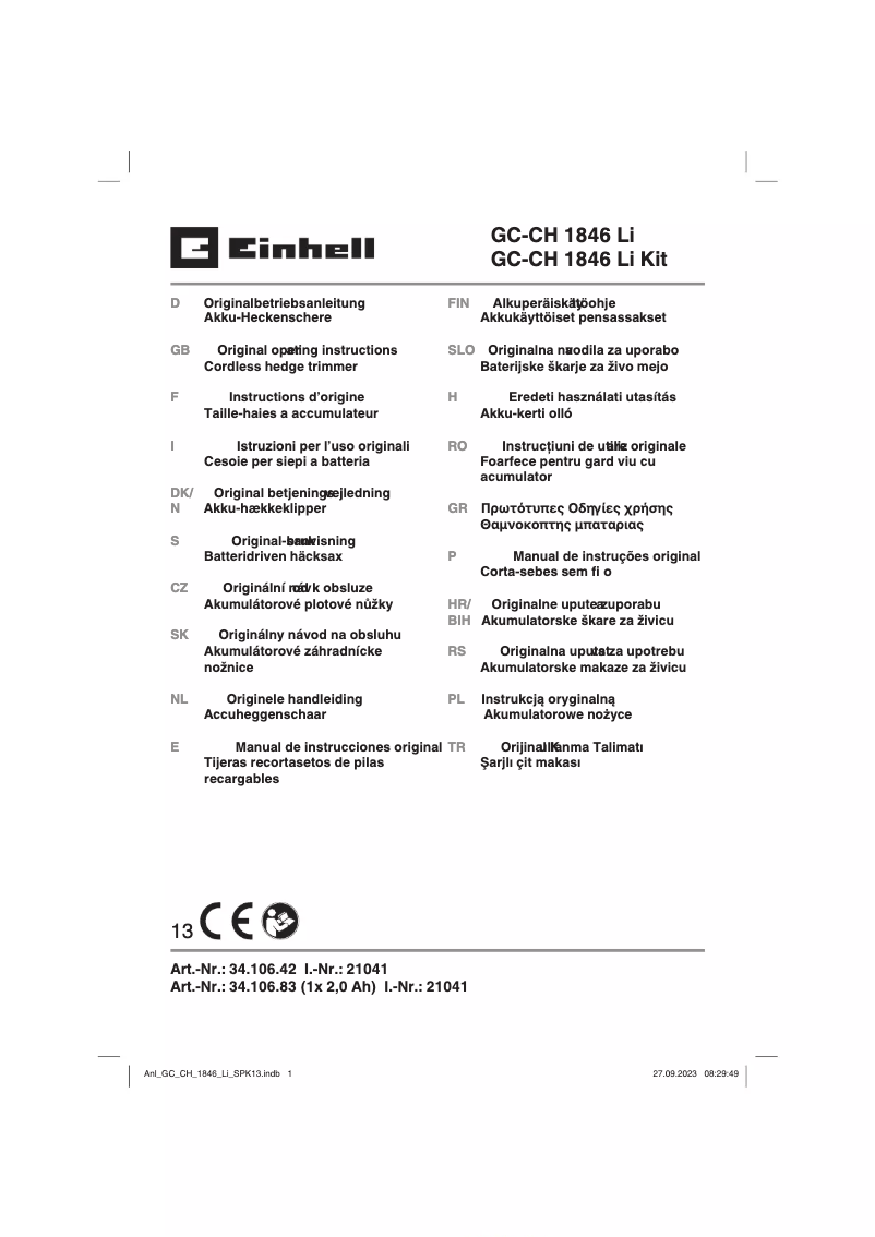 Page n°1 - Manuel utilisateur Einhell GC-CH 1846 Li Kit