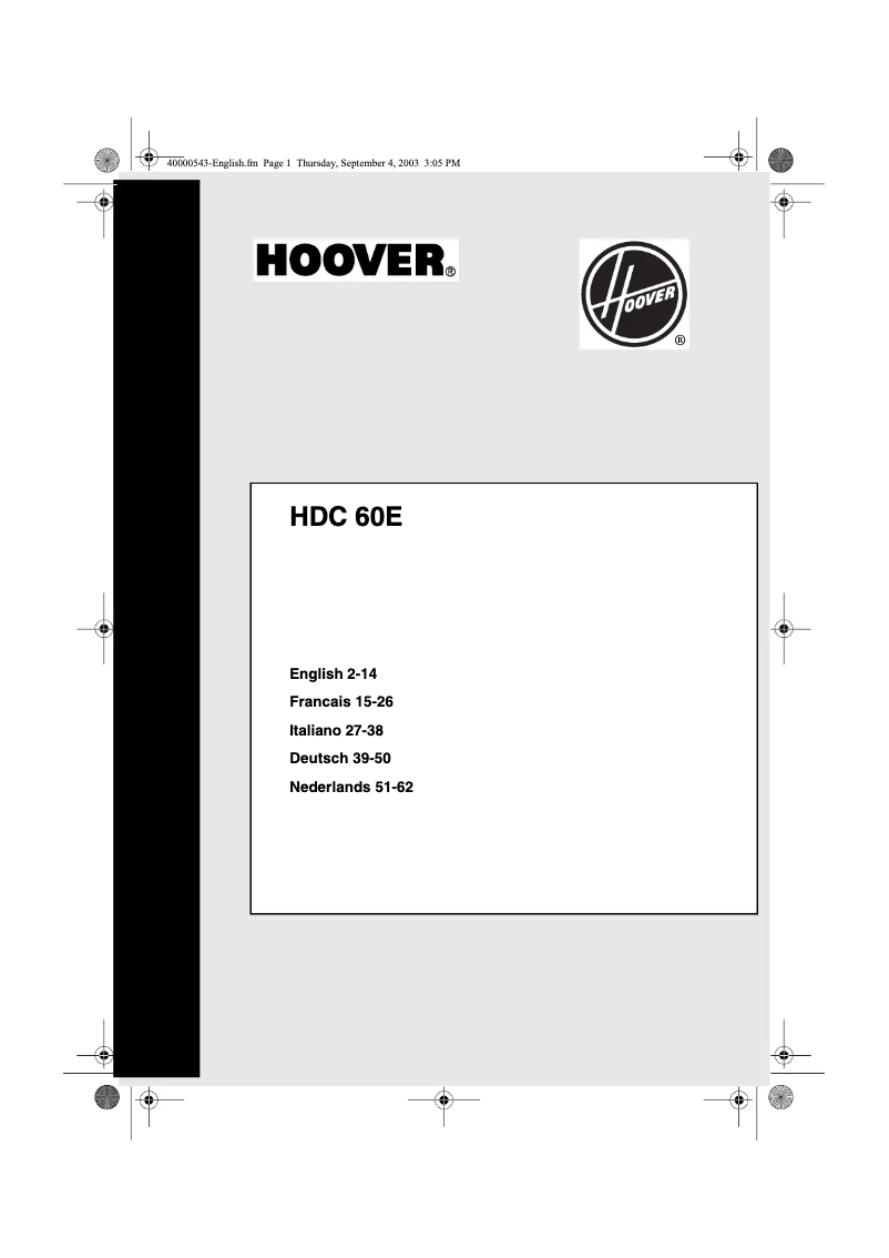 Page 1 de la notice Manuel utilisateur Hoover HDC 60 E
