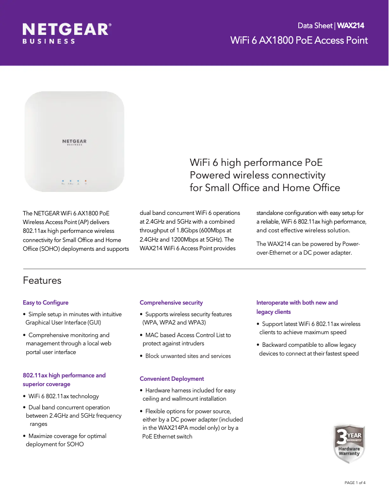 Page 1 of the manual Technical Sheet Netgear WAX214PA
