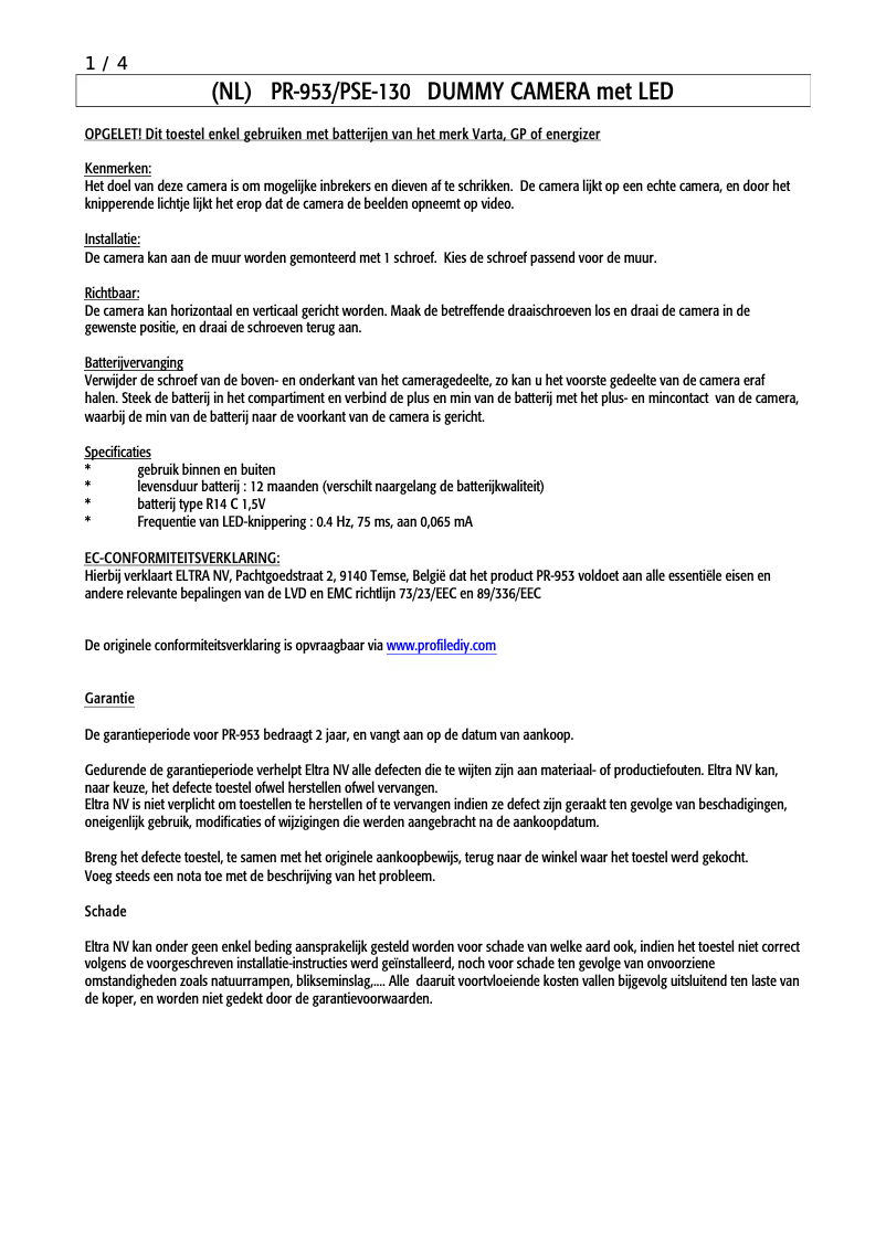 Page n°1 - Manuel utilisateur Profile PR-953