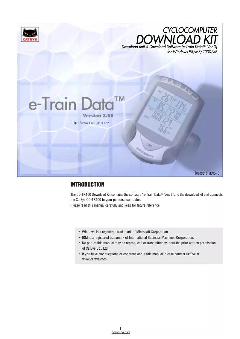 Page 1 de la notice Manuel utilisateur Cateye e-Train Data IF-TR100