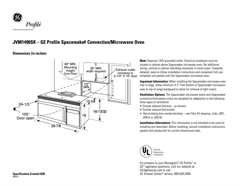 Page 1 de la notice Fiche technique GE JVM1490SK