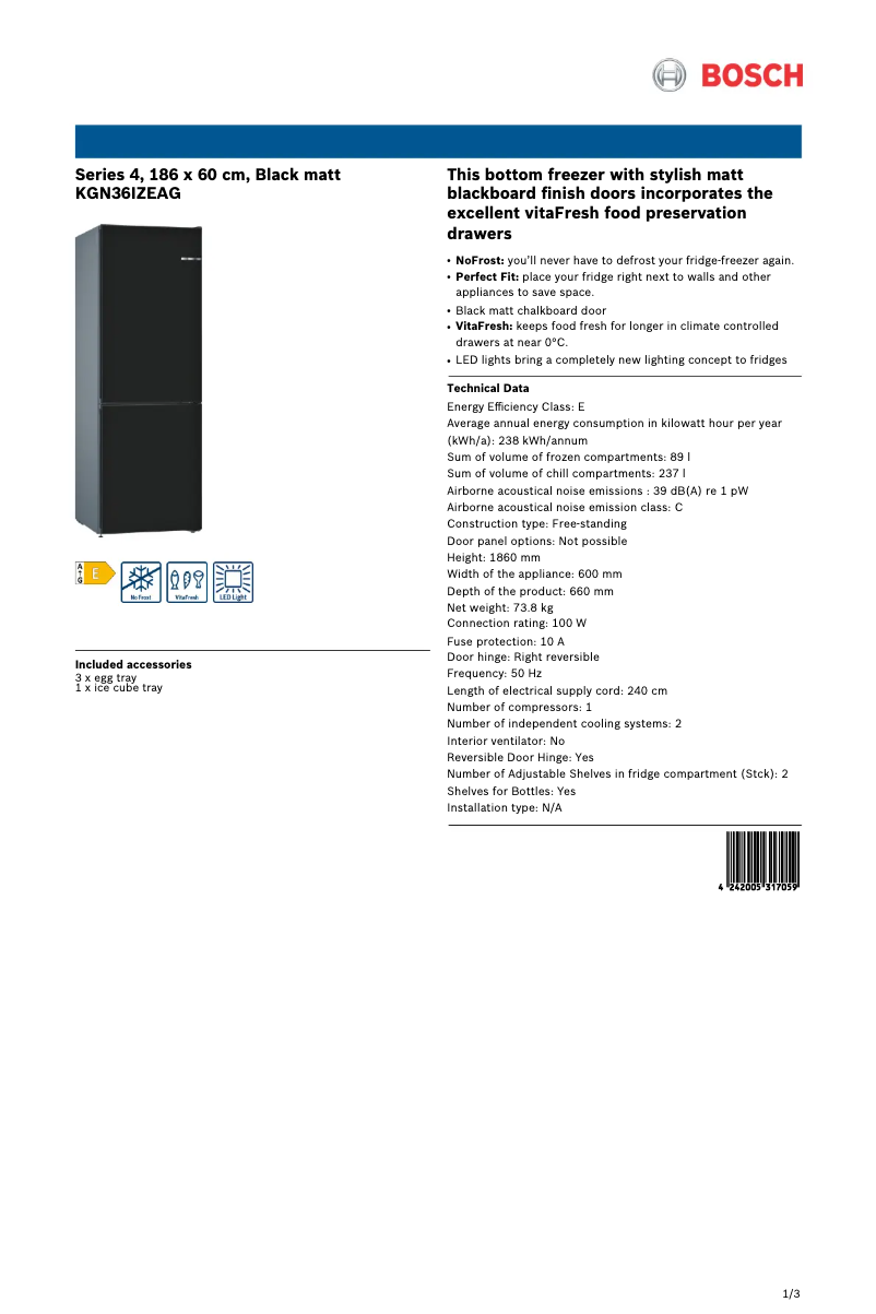 Page 1 de la notice Fiche technique Bosch KGN36IZEAG