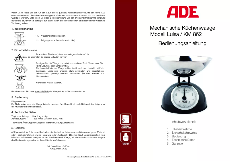 Page 1 de la notice Manuel utilisateur ADE Luisa KM 862