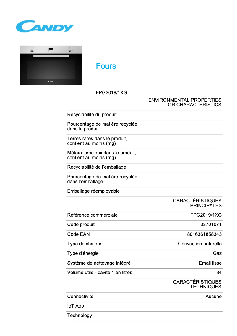 Page n°1 - Fiche technique Candy FPG2019/1XG