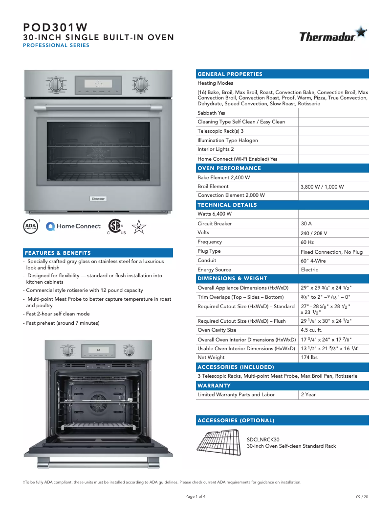 Page 1 de la notice Fiche technique Thermador POD301W