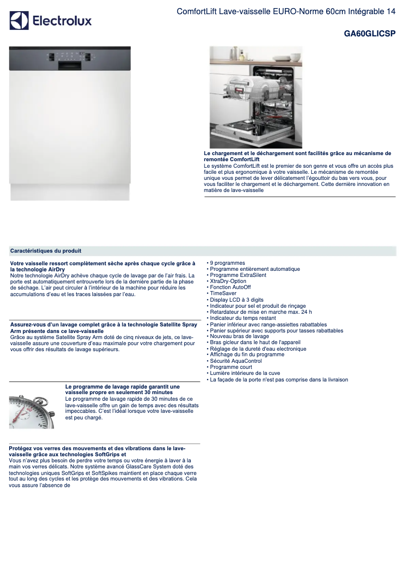 Page 1 de la notice Fiche technique Electrolux GA60GLICSP