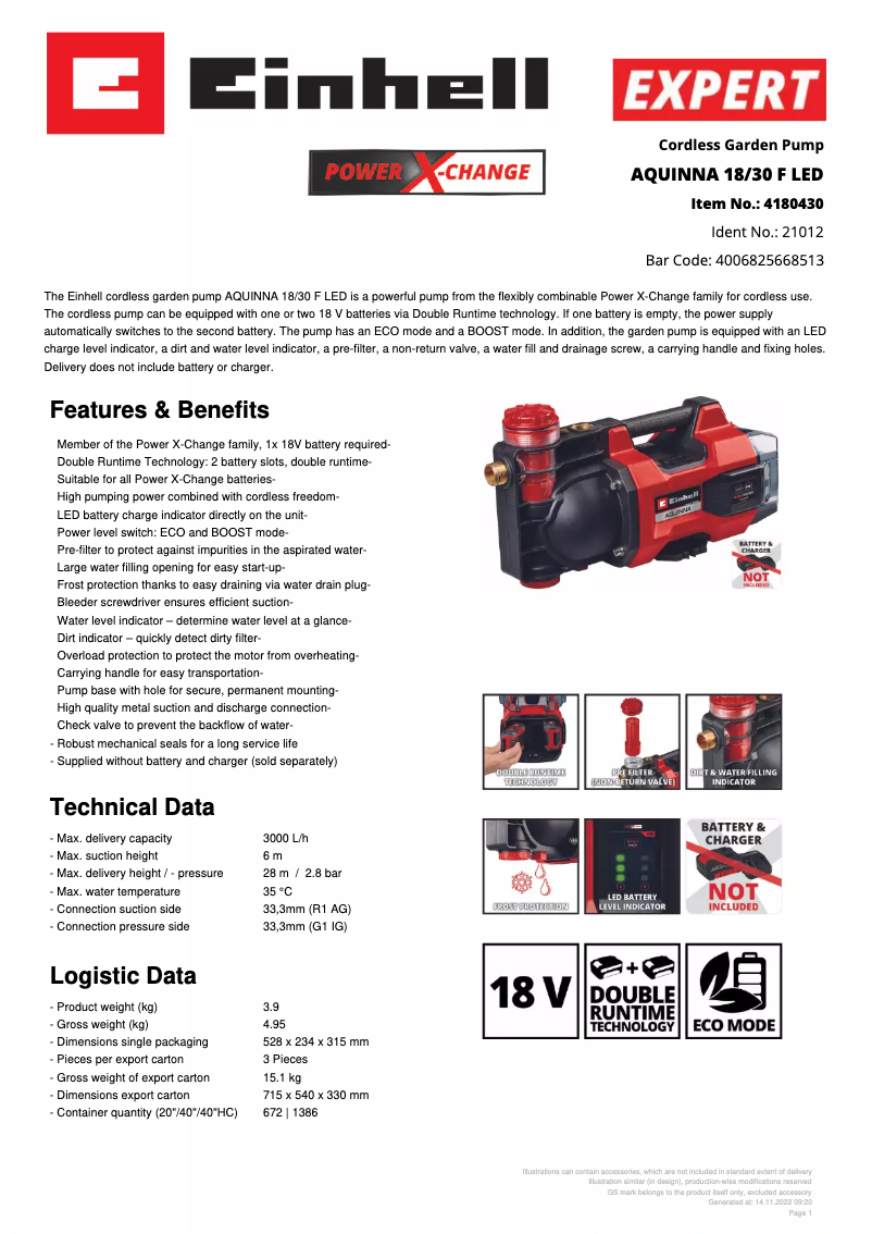 Page 1 de la notice Fiche technique Einhell AQUINNA 18/30 F LED