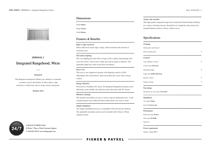 Page 1 de la notice Fiche technique Fisher & Paykel HPB9048-2