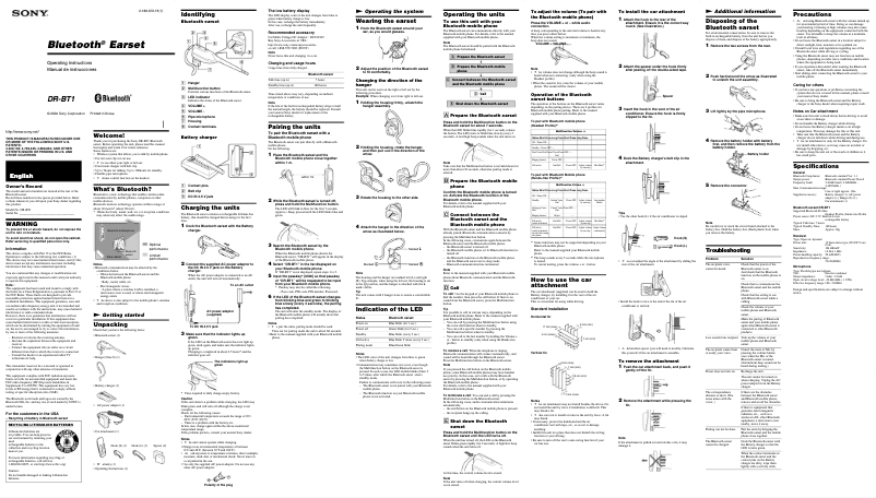 Page 1 de la notice Manuel utilisateur Sony DR-BT1