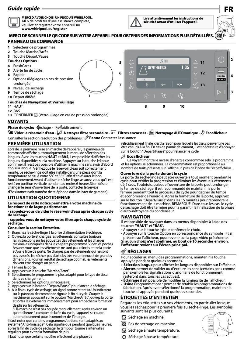 Page n°1 - Manuel d'utilisation et d'entretien Whirlpool W7X D95WR FR