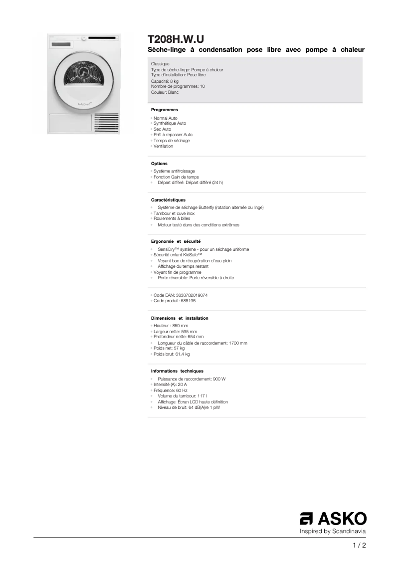 Page 1 de la notice Fiche technique Asko T208H.W.U
