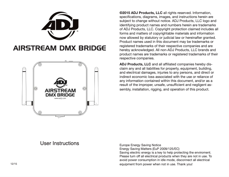 Page 1 de la notice Manuel utilisateur American DJ AIRSTREAM DMX BRIDGE