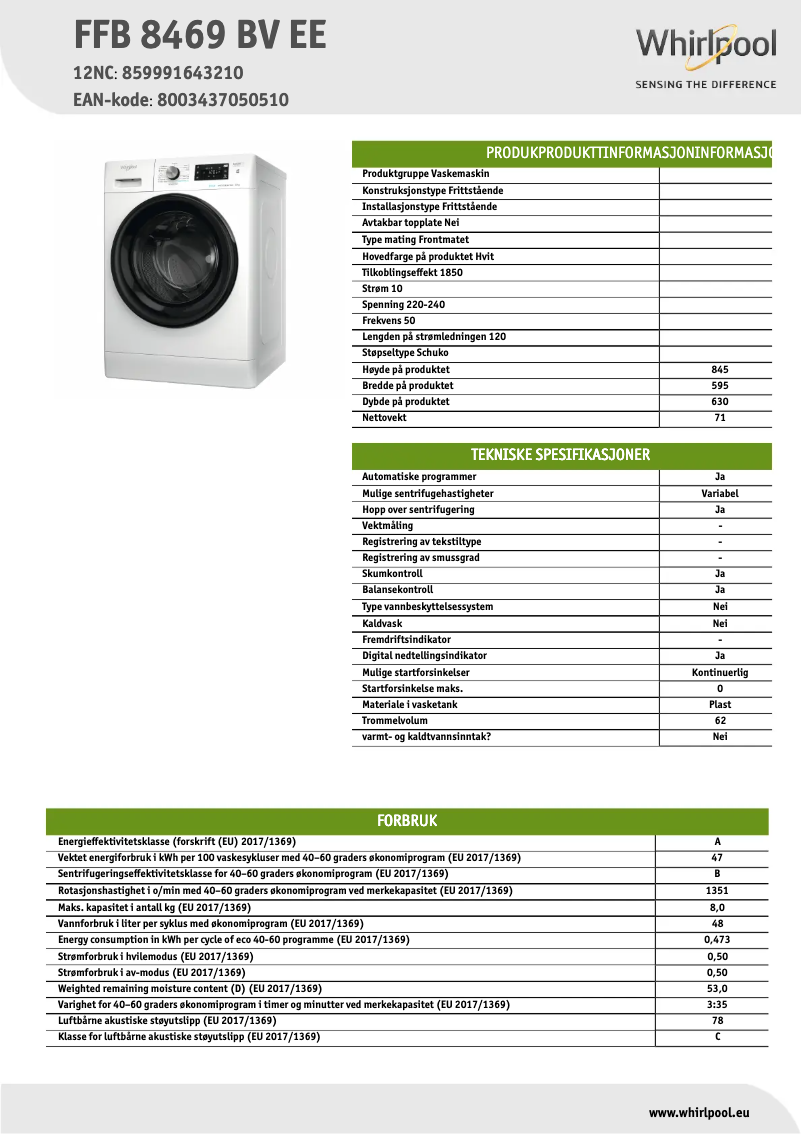 Page 1 de la notice Fiche technique Whirlpool FFB 8469 BV EE