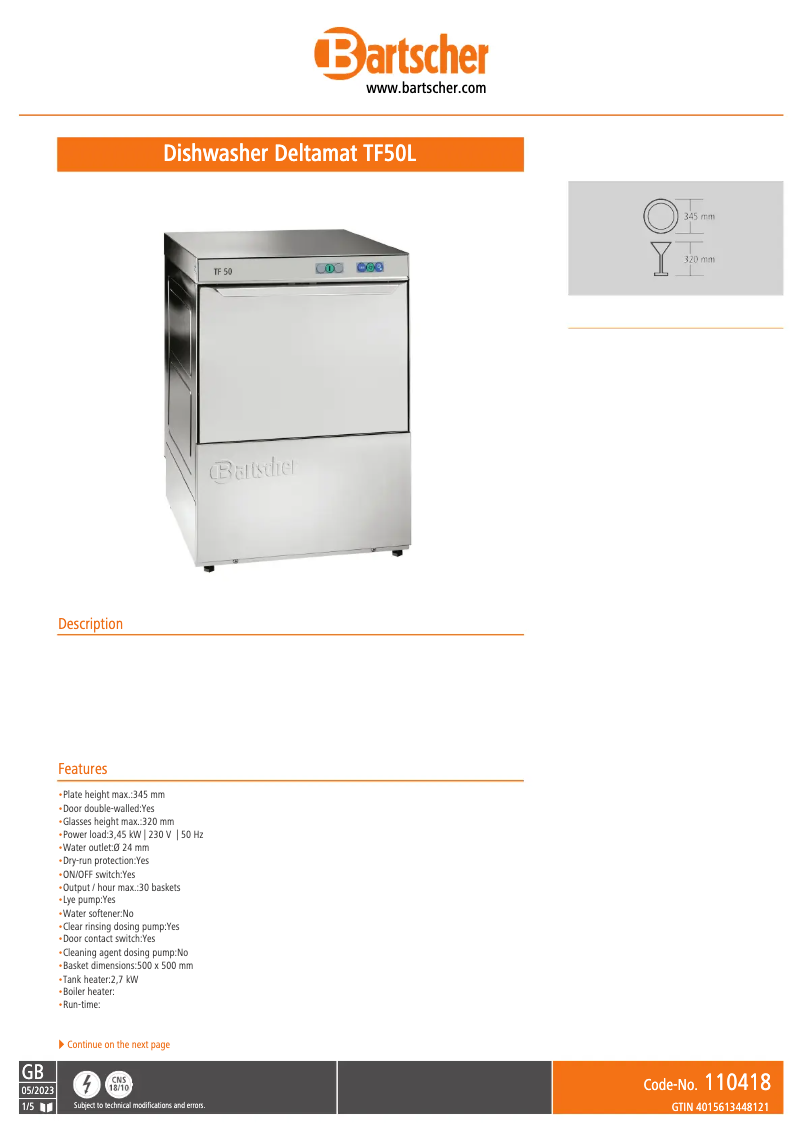 Page n°1 - Fiche technique Bartscher Deltamat TF 50 L