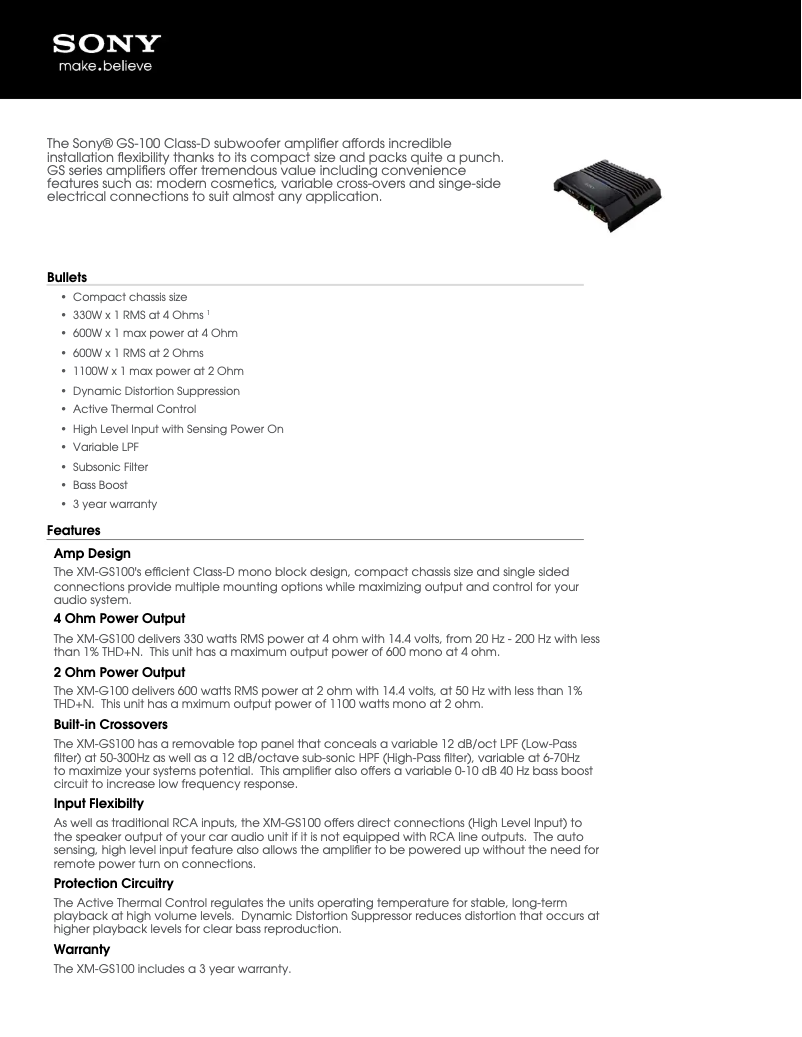 Page 1 de la notice Fiche technique Sony XM-GS100
