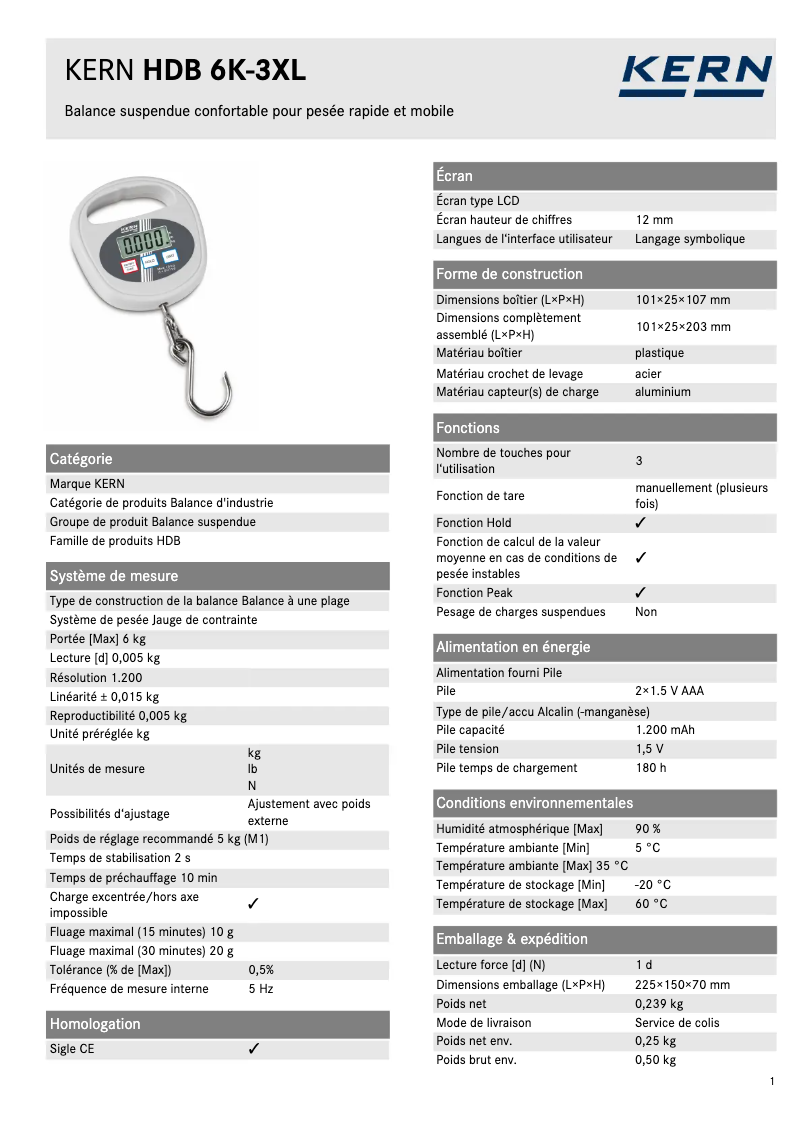 Page 1 de la notice Fiche technique Kern HDB 6K-3XL