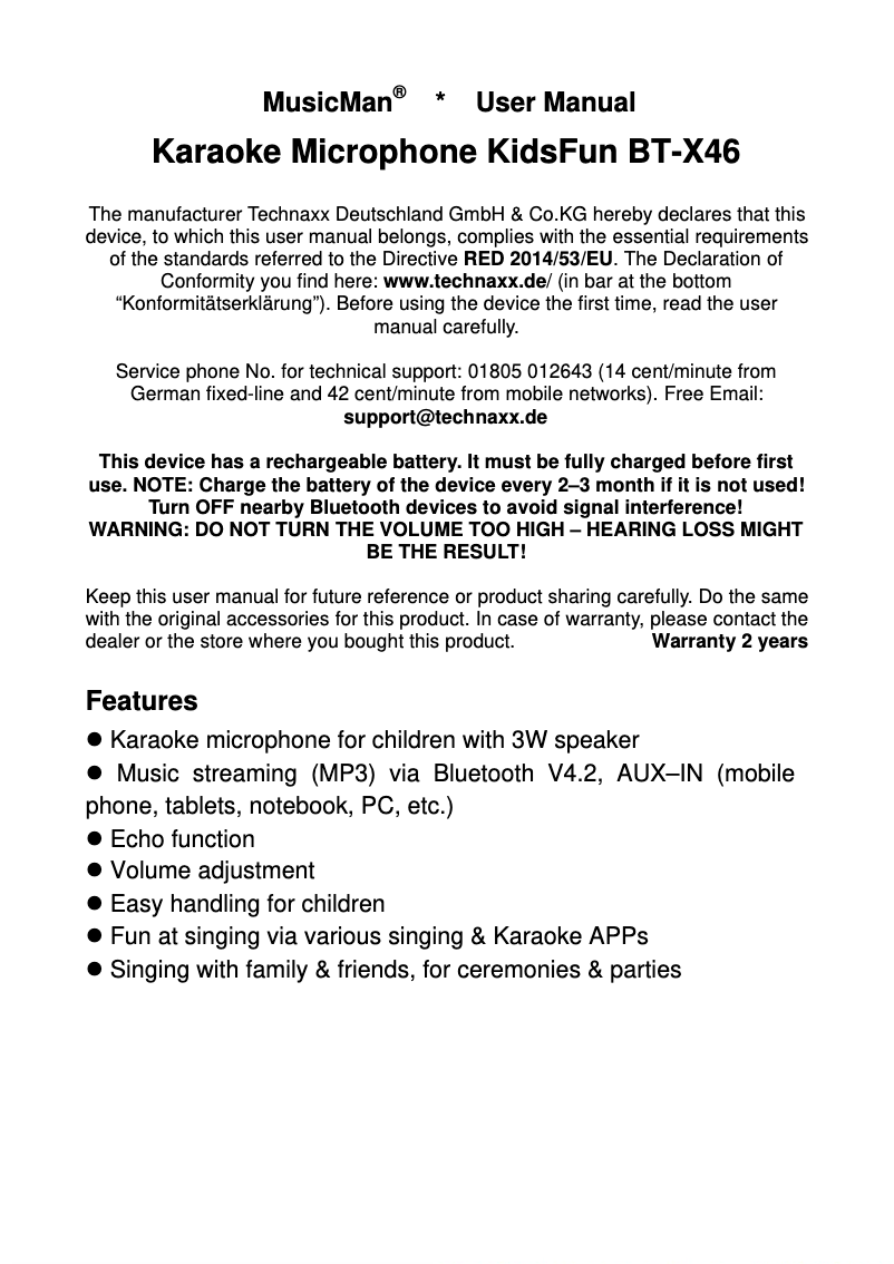 Page n°1 - Manuel utilisateur MusicMan KidsFun BT-X46