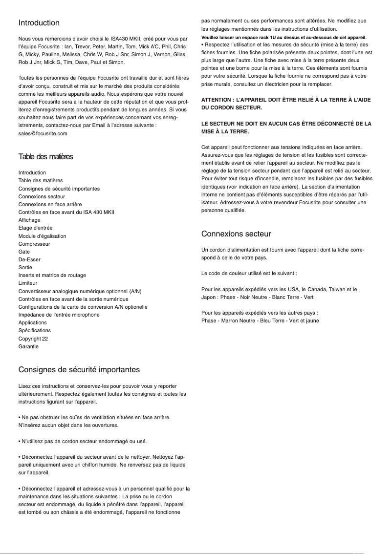 Page n°1 - Manuel utilisateur Focusrite ISA 430 MKII