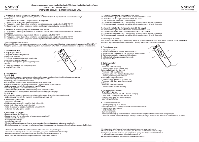 Page 1 de la notice Manuel utilisateur Savio TR-11