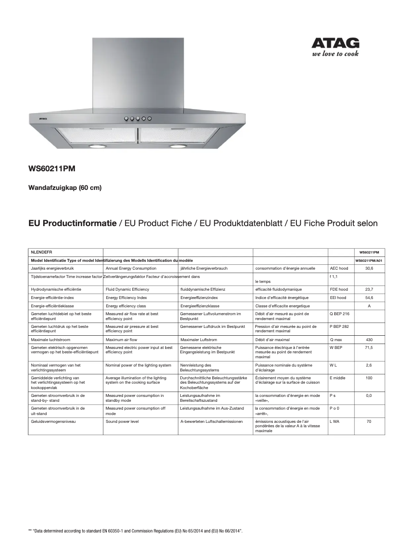 Page 1 de la notice Fiche technique Atag WS60211PM