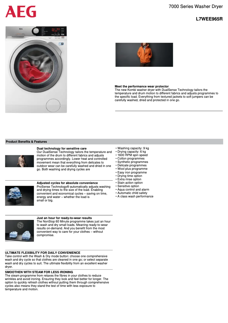 Page 1 de la notice Fiche technique AEG L7WEE965R