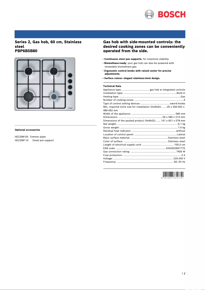 Page 1 de la notice Fiche technique Bosch PBP6B5B80