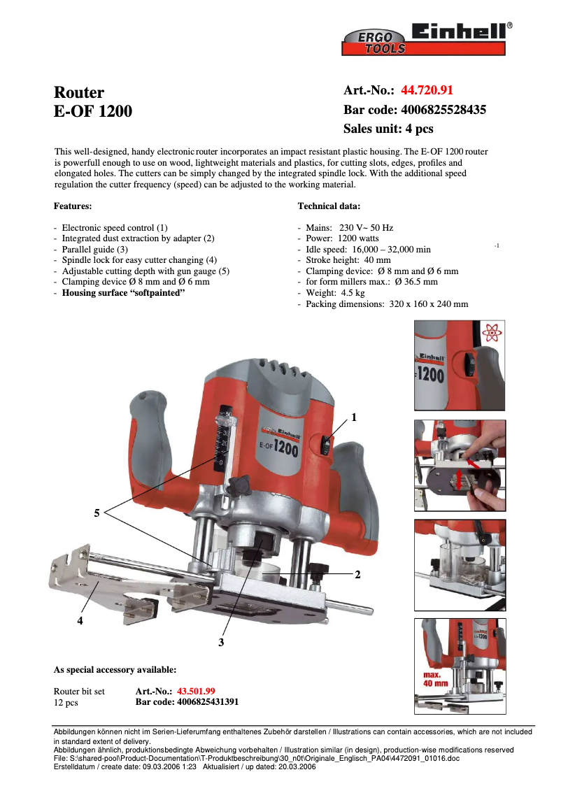 Page 1 de la notice Manuel utilisateur Einhell E-OF 1200