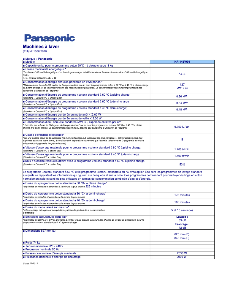 Page 1 de la notice Fiche technique Panasonic NA-148VG4