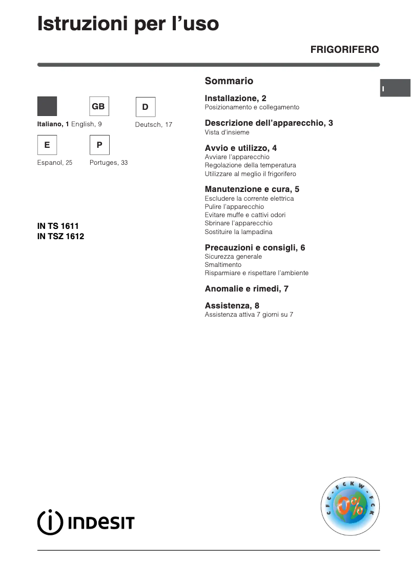 Page 1 de la notice Manuel utilisateur Indesit IN TS 1611