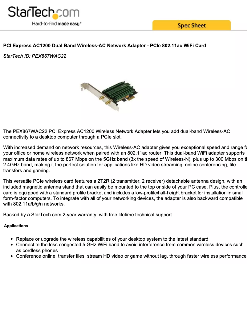 Page 1 de la notice Brochure StarTech.com PEX867WAC22