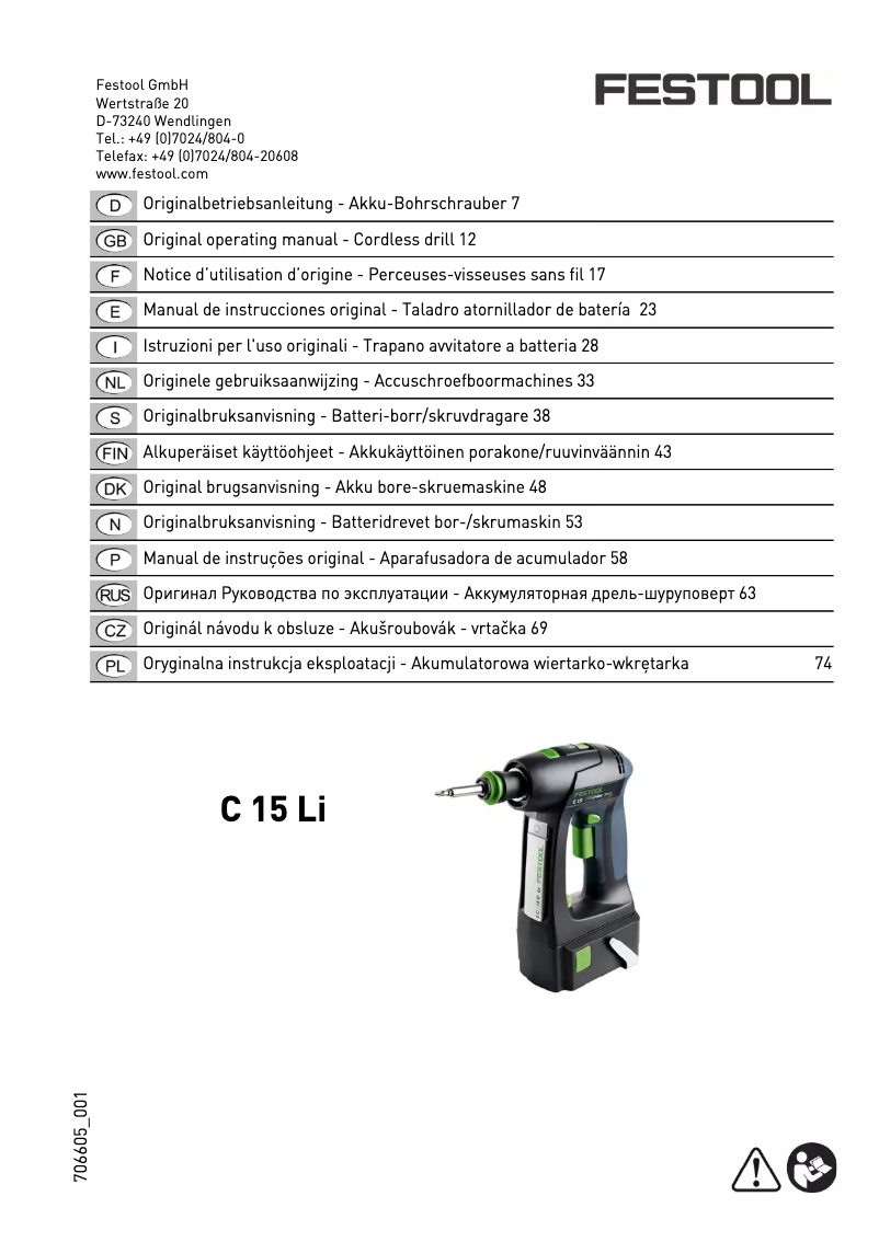 Page n°1 - Manuel utilisateur Festool C 15 Li