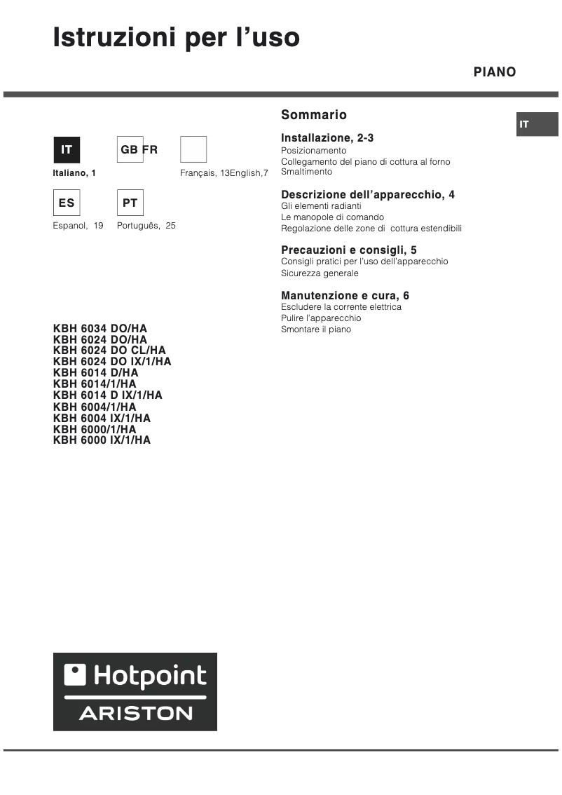 Page 1 de la notice Manuel utilisateur Hotpoint Ariston KBH 6000 IX 1 HA