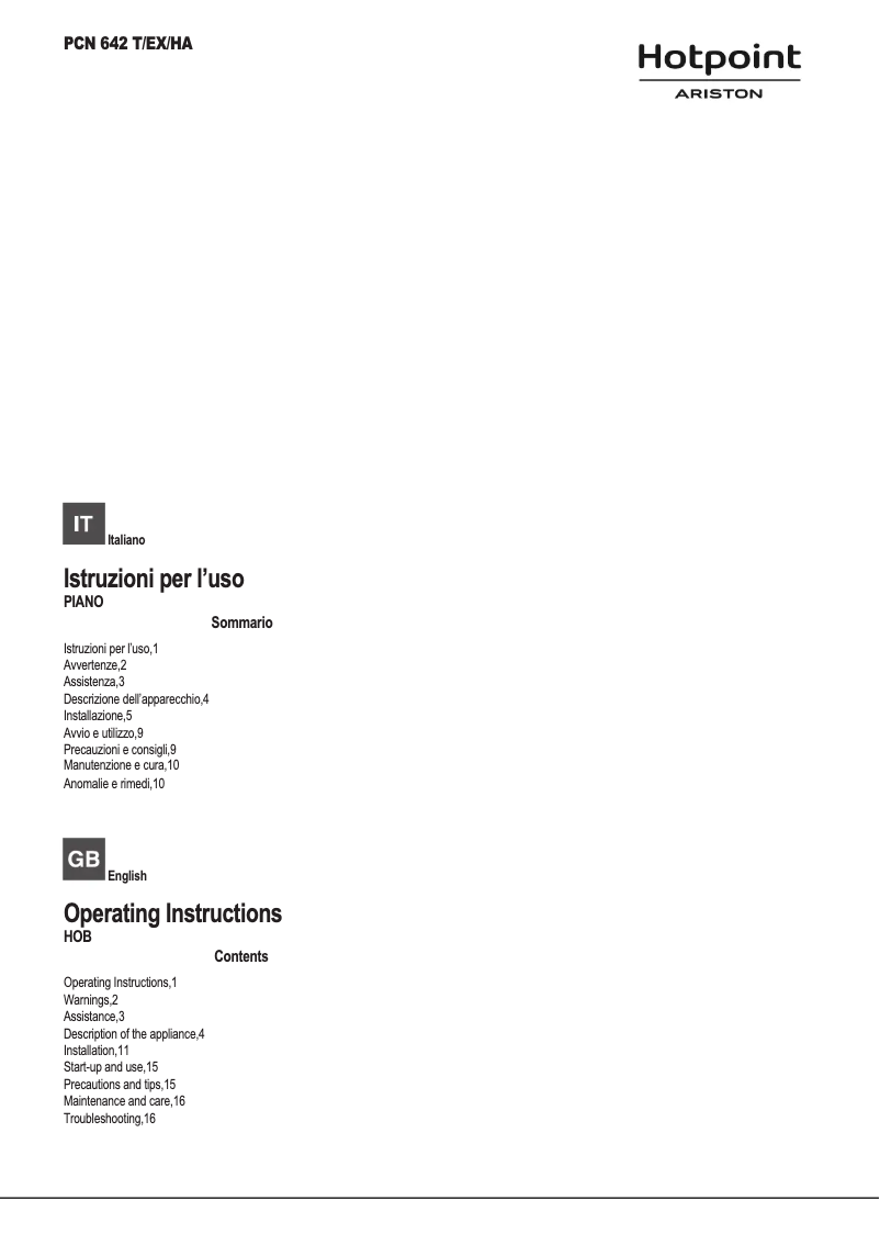 Page 1 de la notice Manuel utilisateur Hotpoint Ariston PCN 642 T/EX/HA