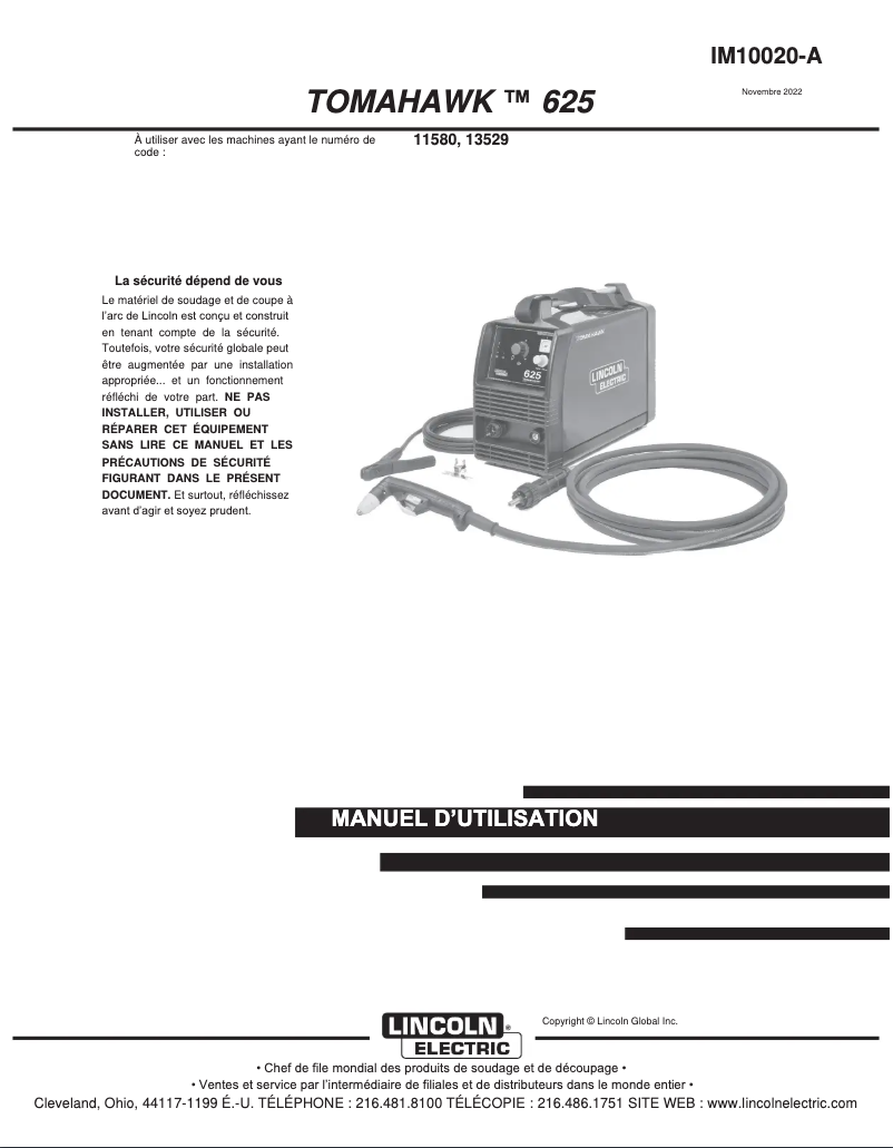 Page 1 de la notice Manuel utilisateur Lincoln Electric Tomahawk 625