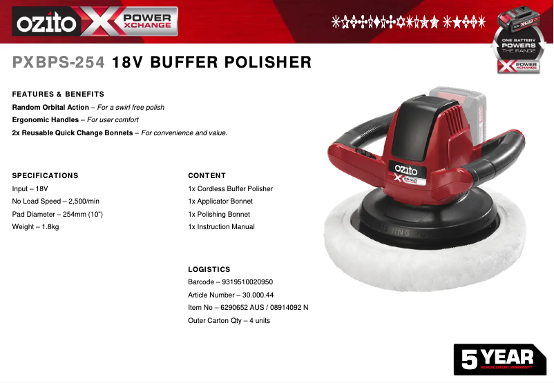 Page 1 de la notice Fiche technique Ozito PXBPS-254